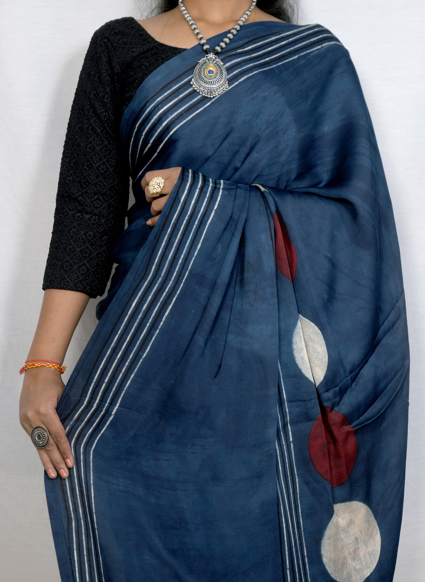 "Celestial Circles – Handcrafted Indigo Ajrakh Modal Silk Saree"