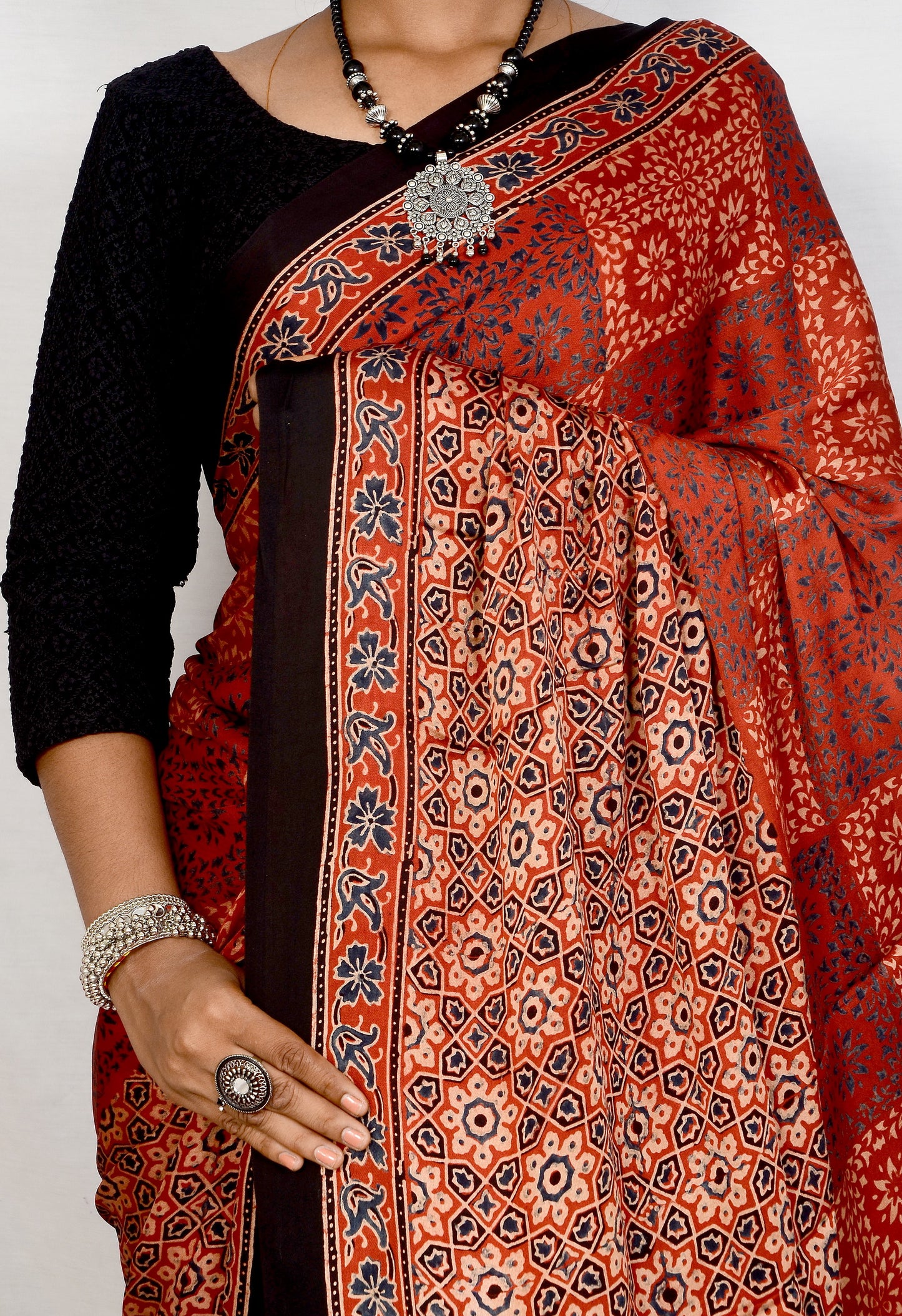 "Maroon Majesty – Ajrakh Hand Block Print Saree in Modal Silk"