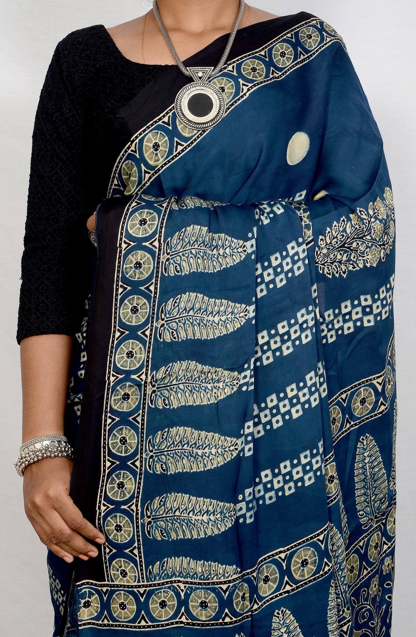 "Indigo Raga – Ajrakh Hand Block Print Saree in Modal Silk"
