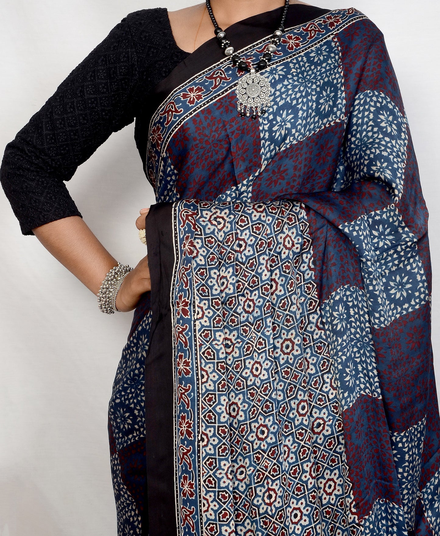 "Midnight Rhythm – Indigo Ajrakh Hand Block Print Saree in Modal Silk"