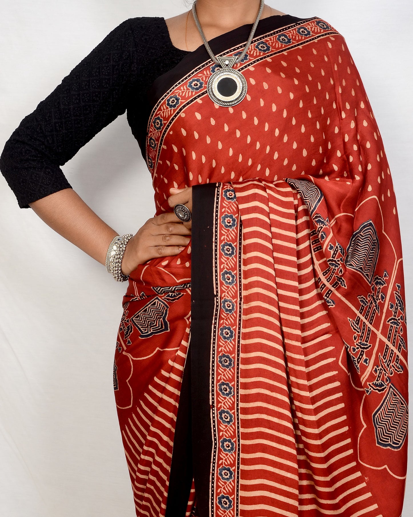 "Desert Garnet – Maroon Ajrakh Saree in Modal Silk"