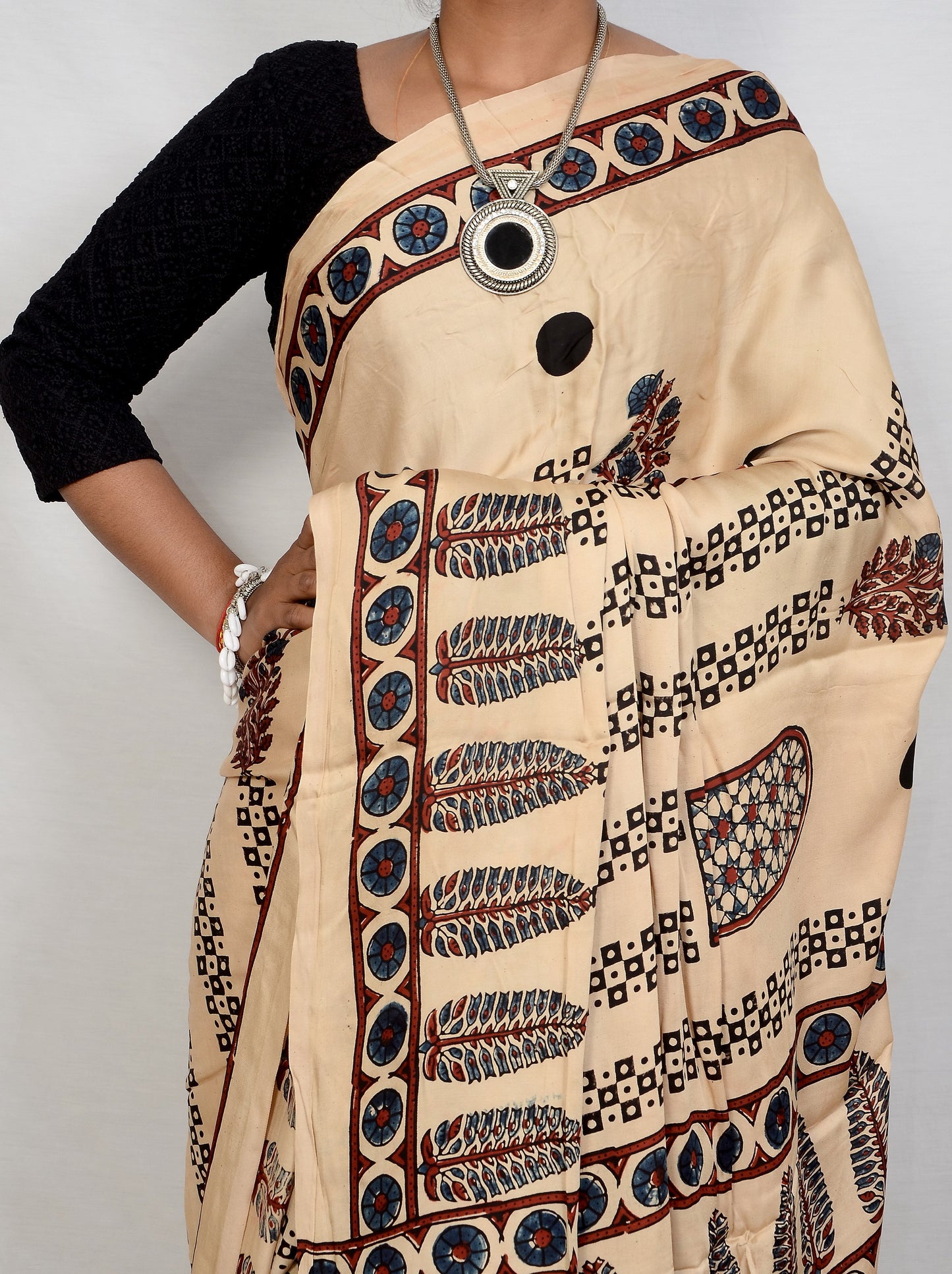 "Desert Pearl – White Ajrakh Saree in Modal Silk"