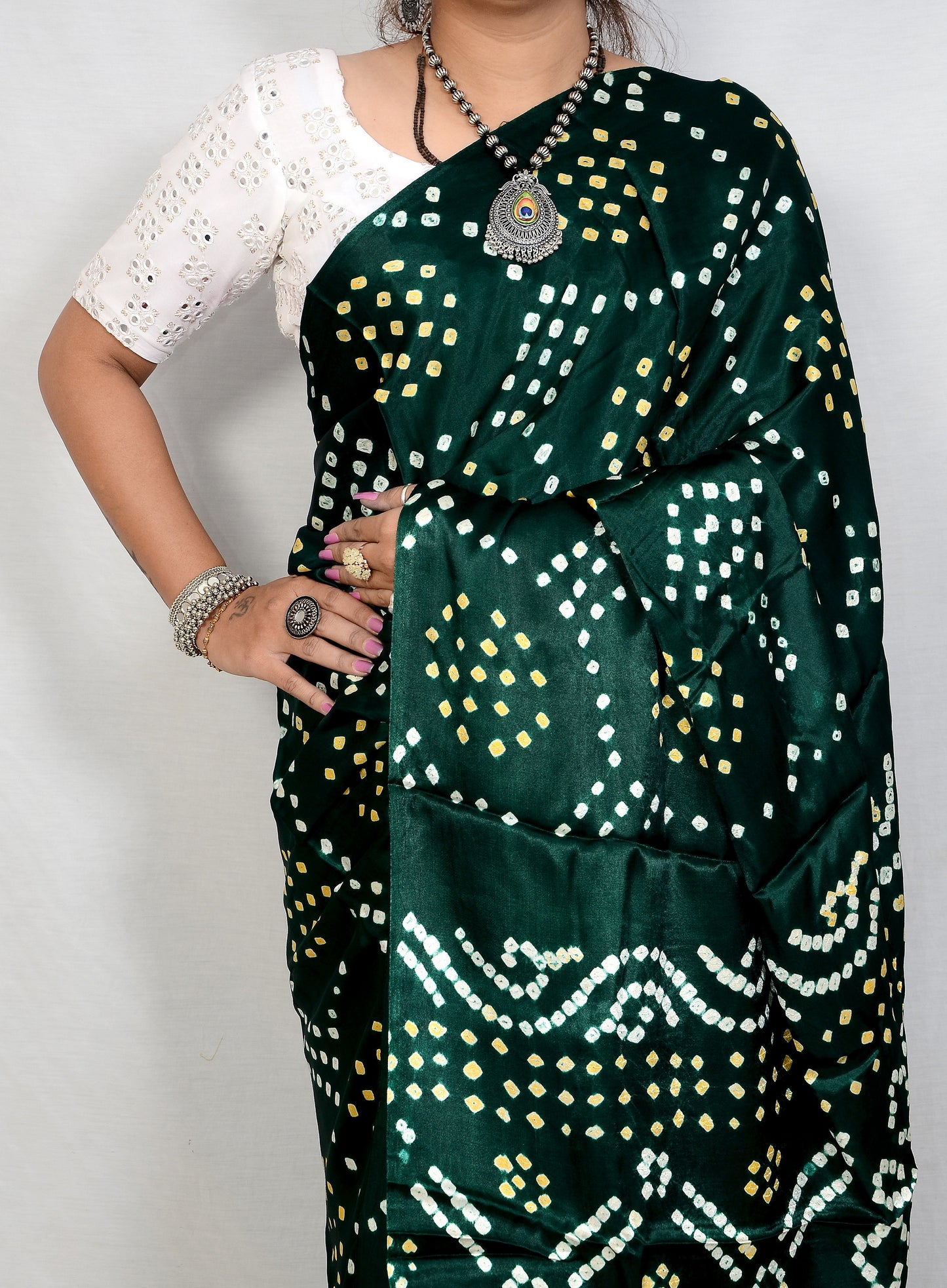 "Elegant Circle Motif Bandhani Saree in Modal Silk"