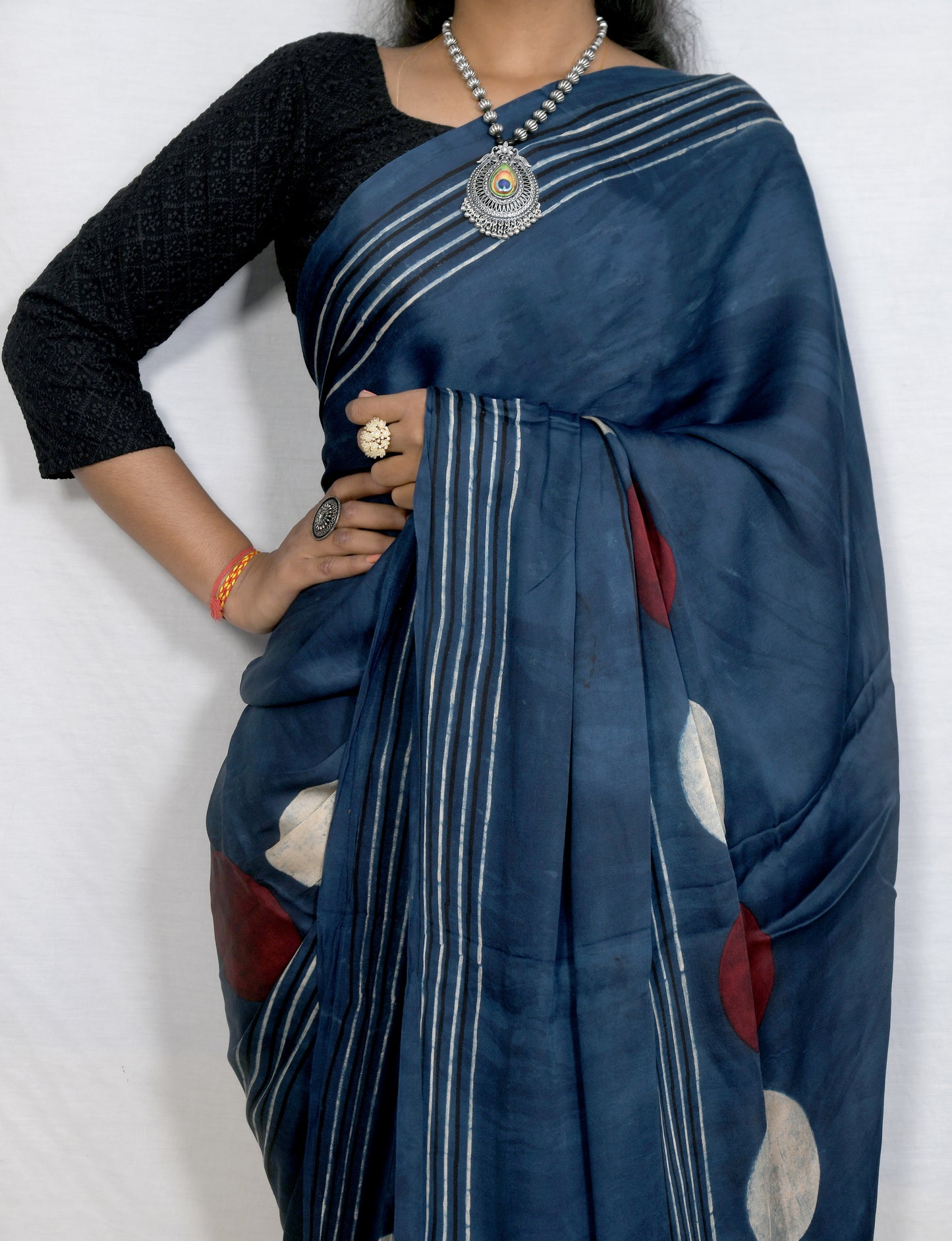 "Celestial Circles – Handcrafted Indigo Ajrakh Modal Silk Saree"