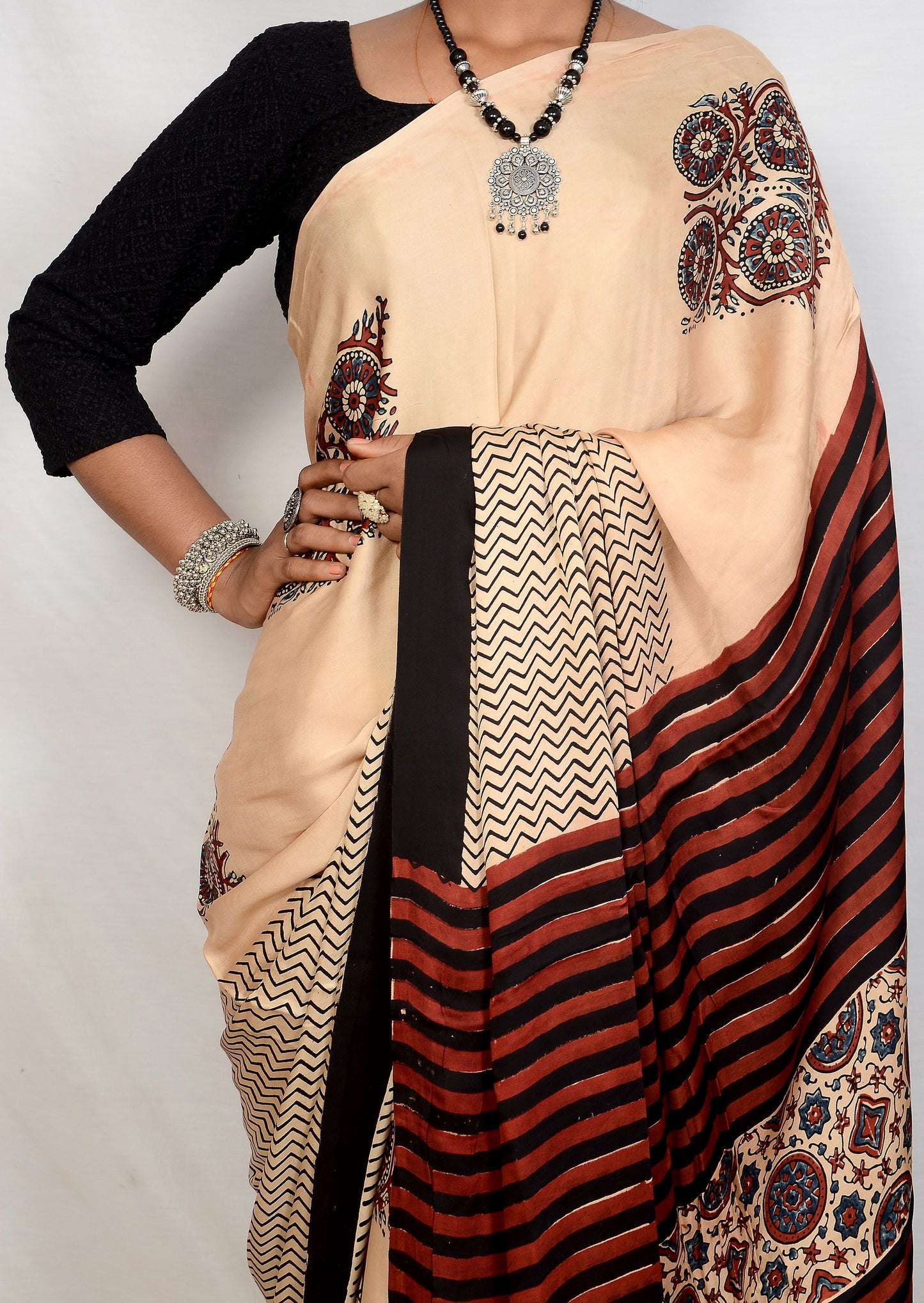 "Moonlight Verse – White Ajrakh Saree in Modal Silk"