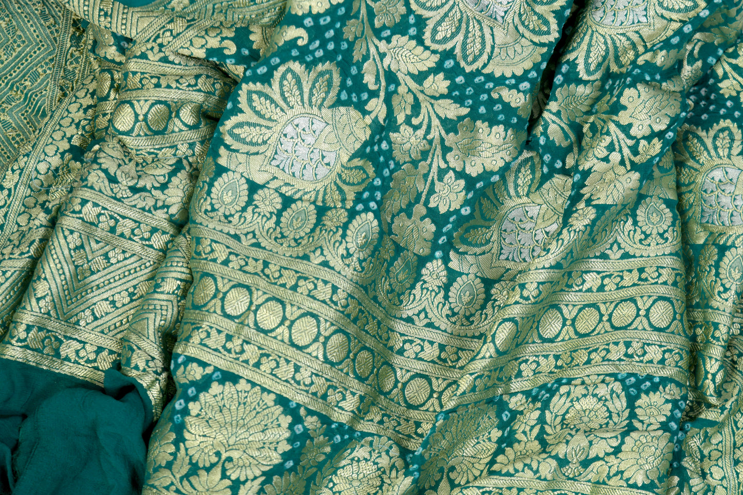 NeelRaag – Rama Green Bandhani Dupatta in Khaddi Georgette with Water Zari