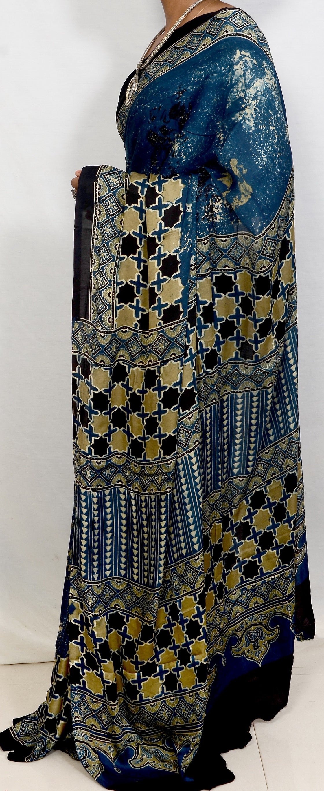 "Blue Mirage – Ajrakh Hand Block Print Saree in Modal Silk"