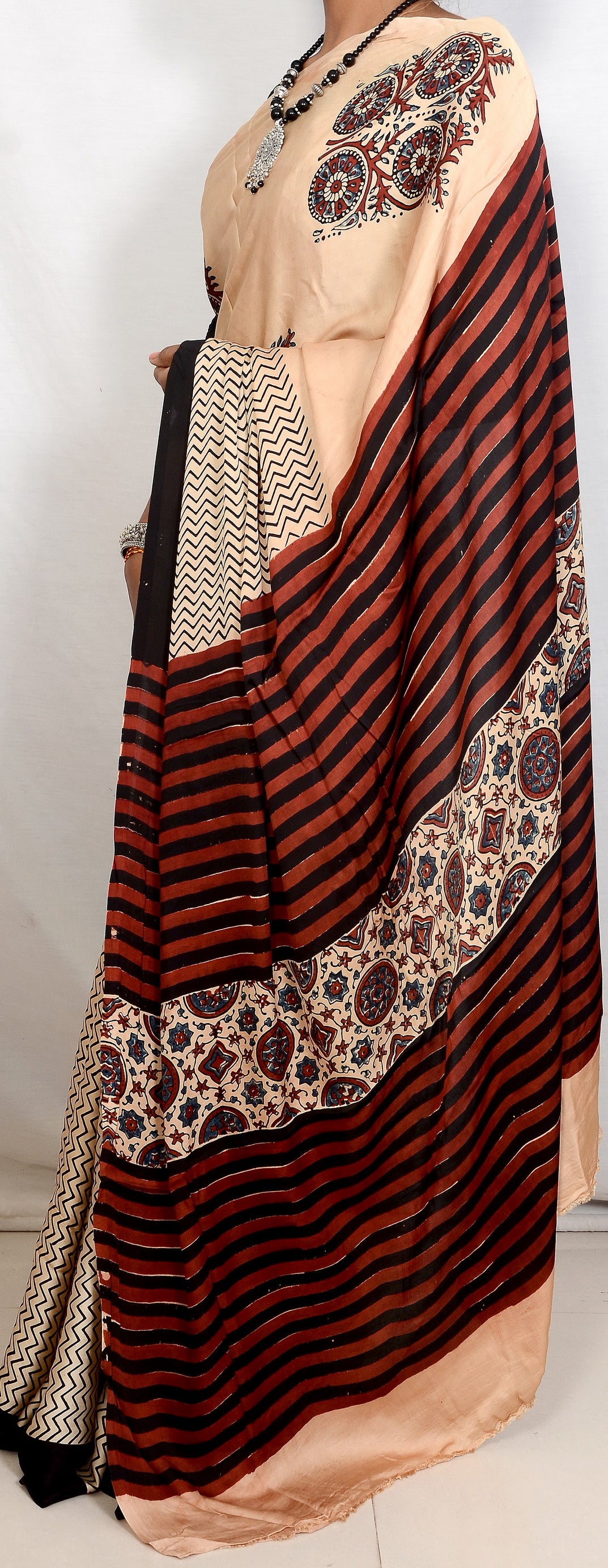 "Moonlight Verse – White Ajrakh Saree in Modal Silk"