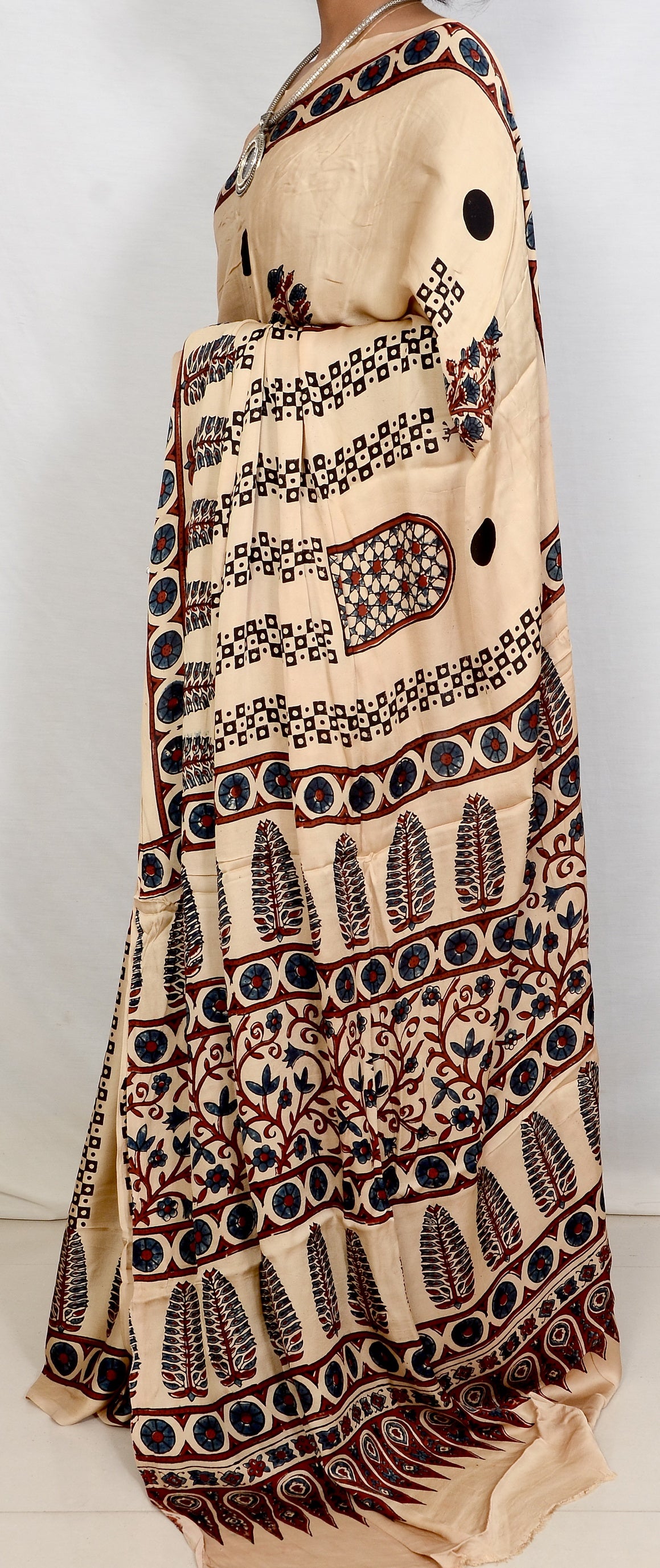 "Desert Pearl – White Ajrakh Saree in Modal Silk"