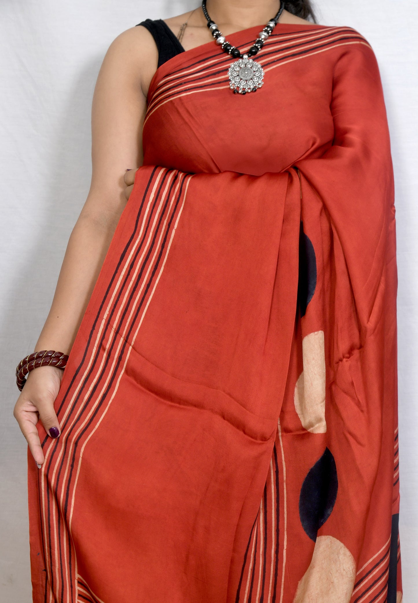 "Circle of Heritage – Maroon Ajrakh Saree in Natural Dyes"