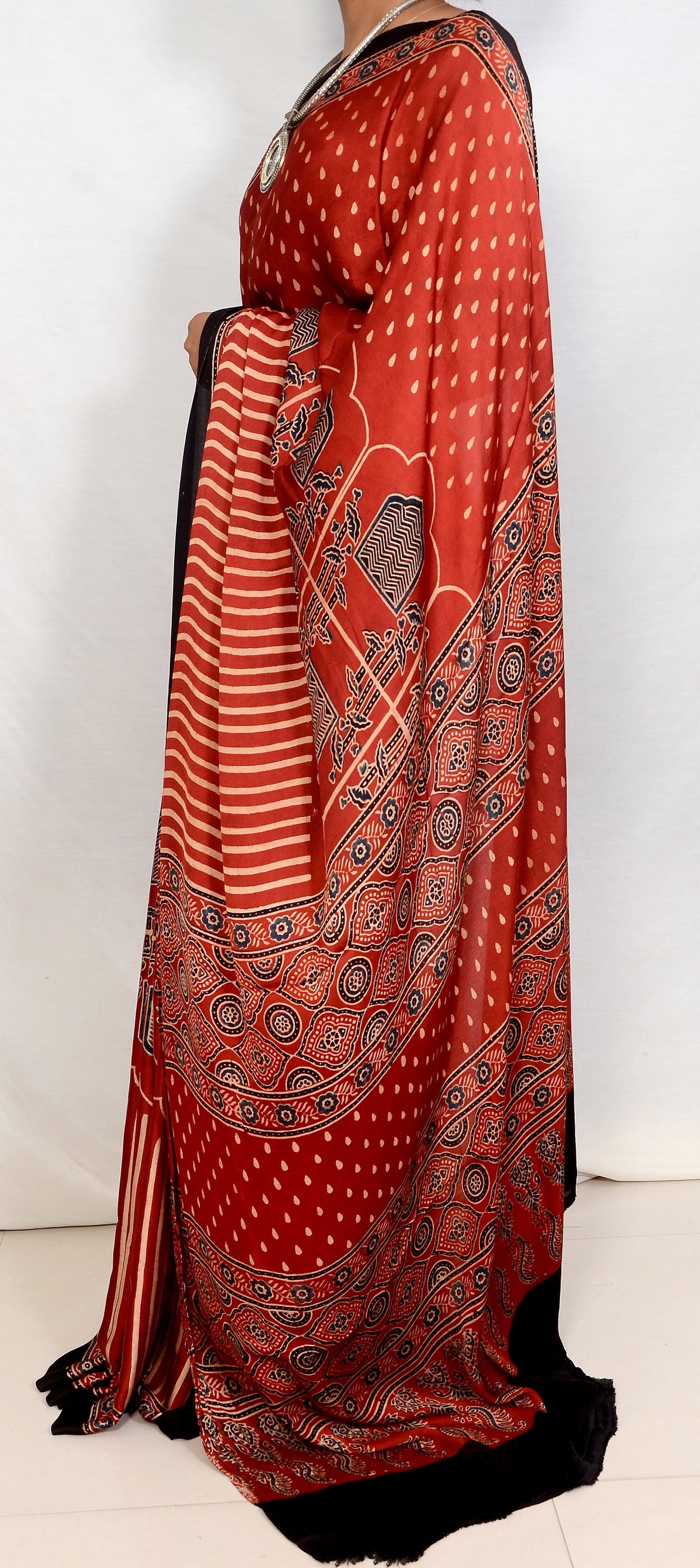 "Desert Garnet – Maroon Ajrakh Saree in Modal Silk"