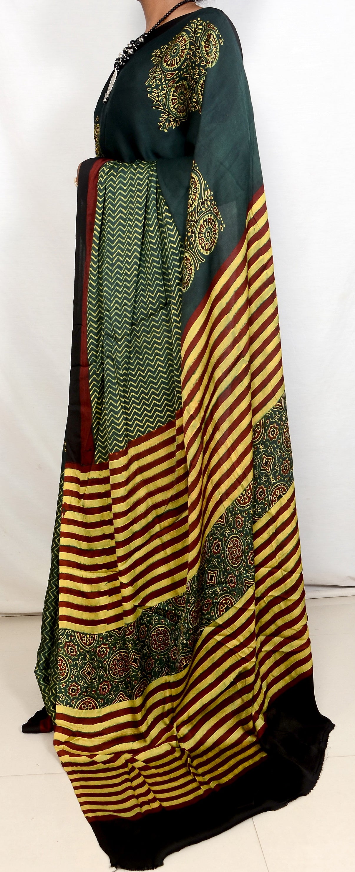 "Mehndi Muse – Green Ajrakh Hand Block Print Saree in Modal Silk"