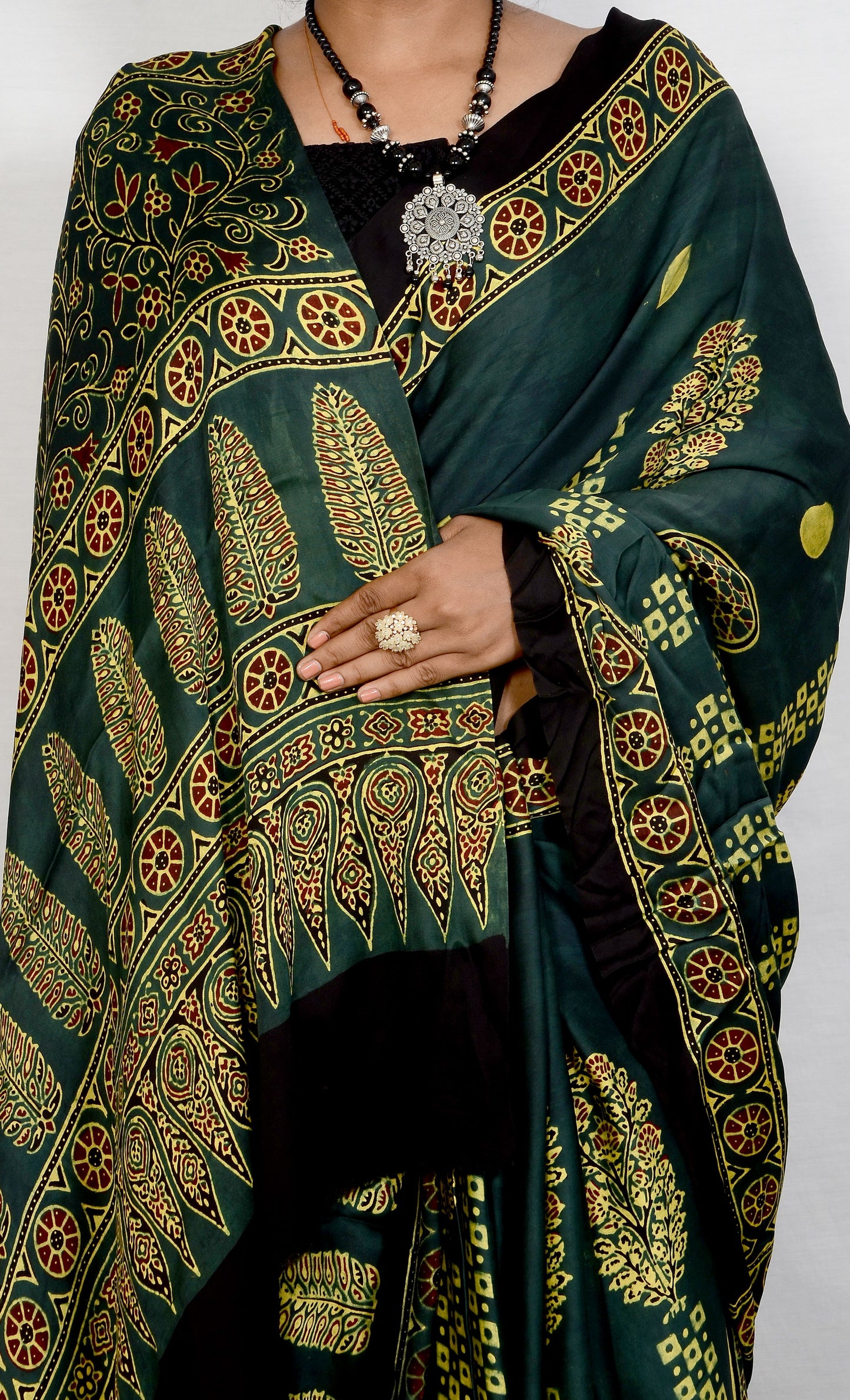 "Verdant Soul – Handcrafted Green Ajrakh Saree in Modal Silk"