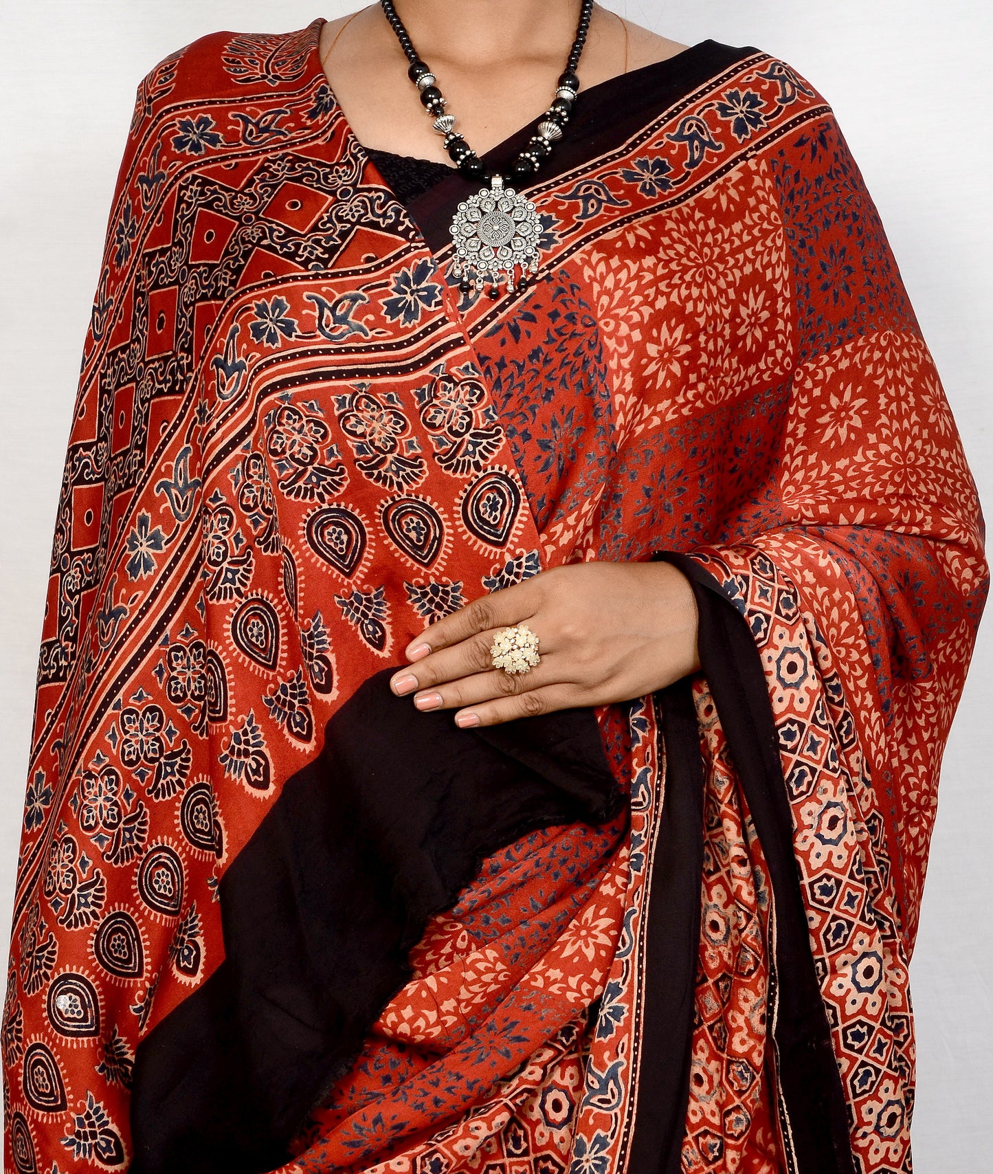 "Maroon Majesty – Ajrakh Hand Block Print Saree in Modal Silk"
