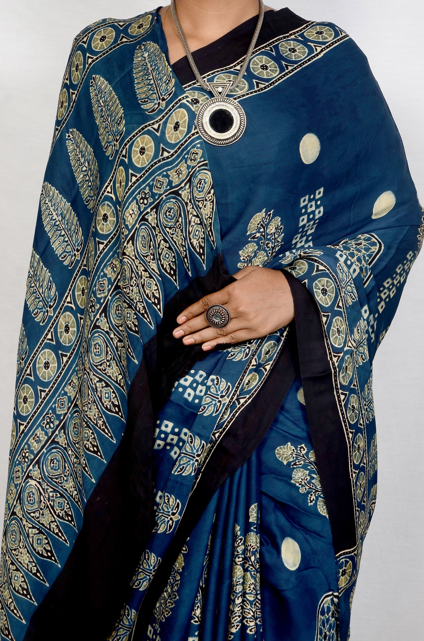 "Indigo Raga – Ajrakh Hand Block Print Saree in Modal Silk"