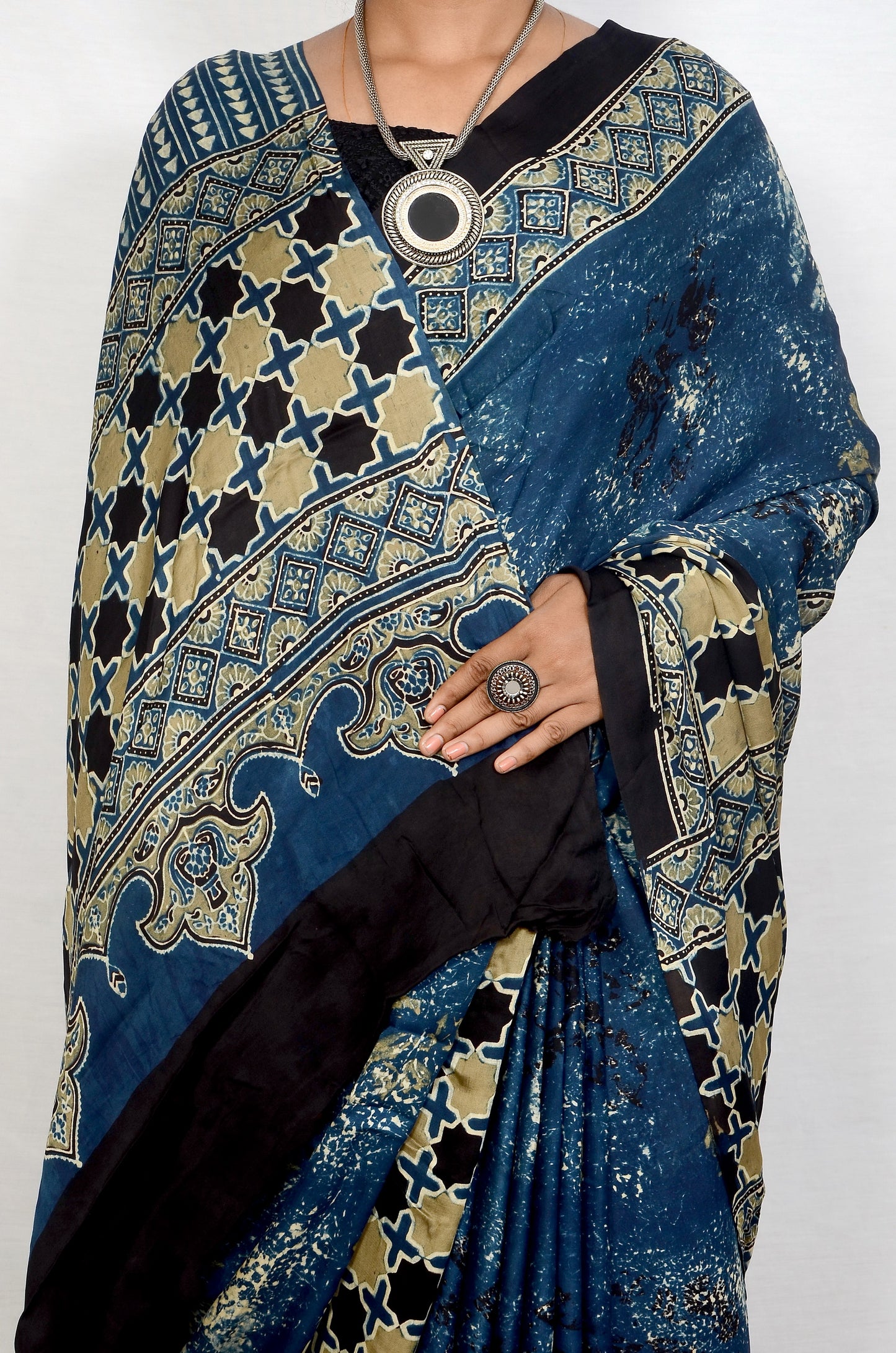 "Blue Mirage – Ajrakh Hand Block Print Saree in Modal Silk"