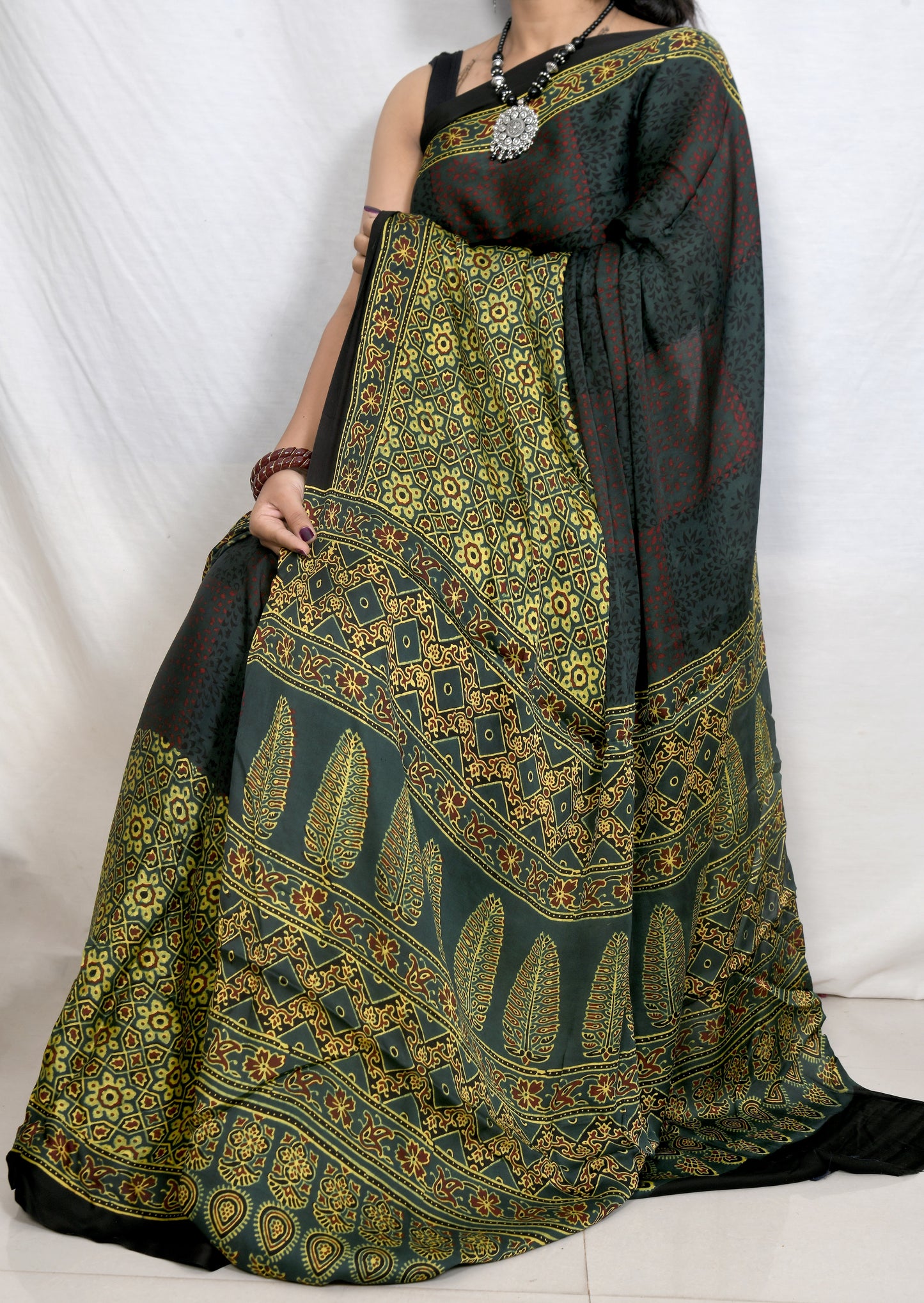 "Forest Grace – Green Ajrakh Hand Block Print Saree in Modal Silk"