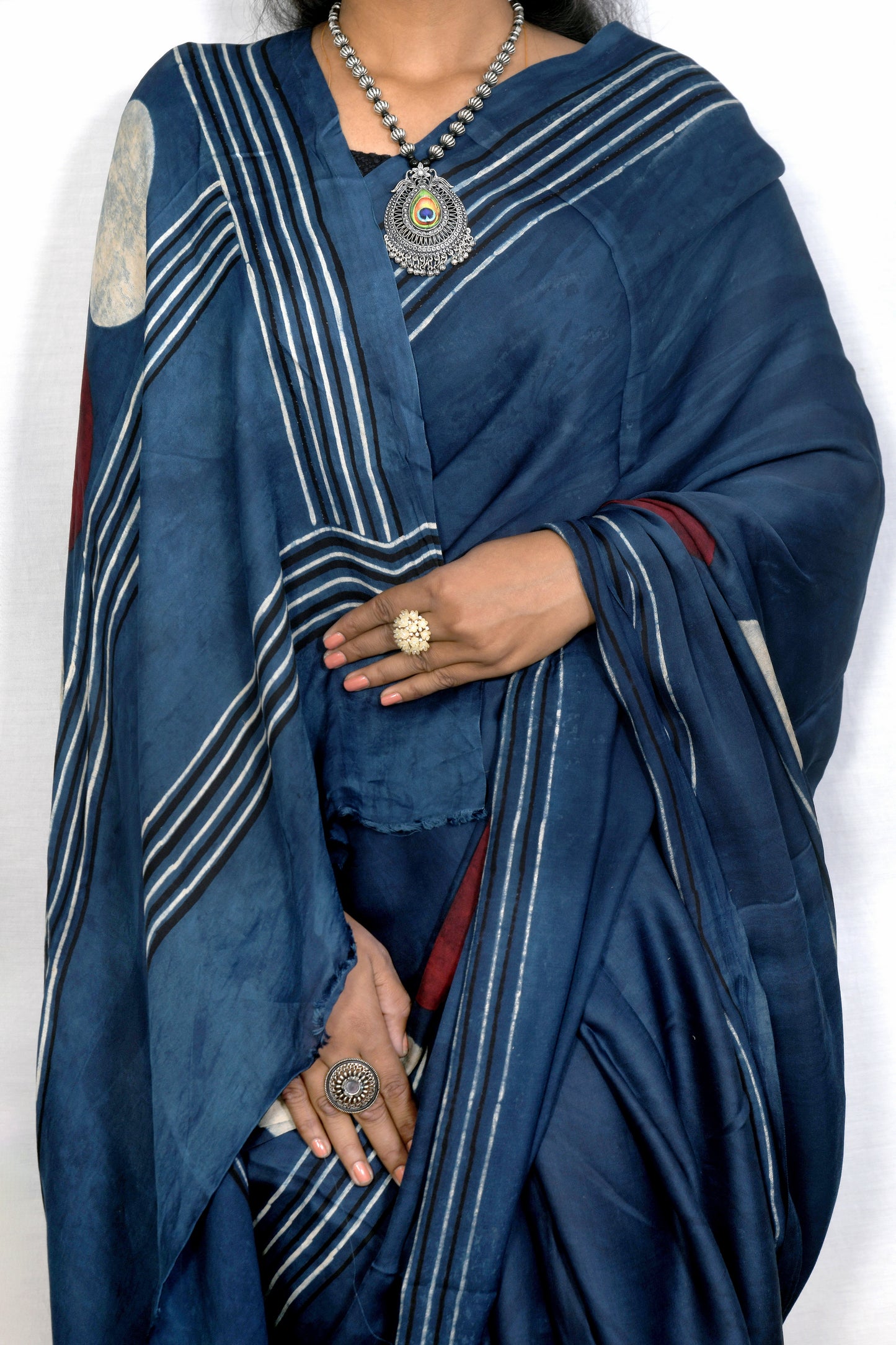 "Celestial Circles – Handcrafted Indigo Ajrakh Modal Silk Saree"