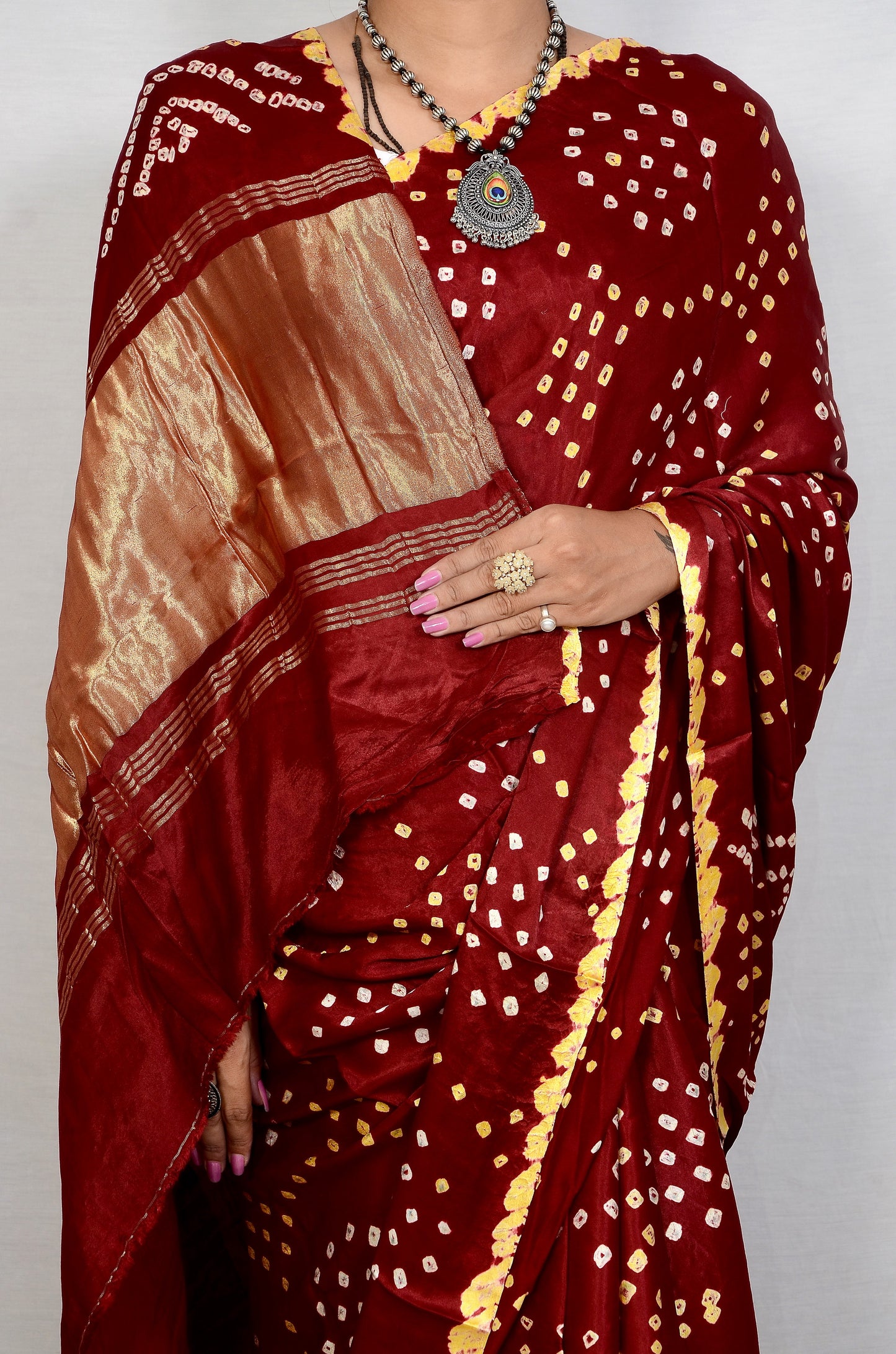 "Red Circle Design Modal Silk Bandhani Saree with Edging – Handcrafted Elegance"