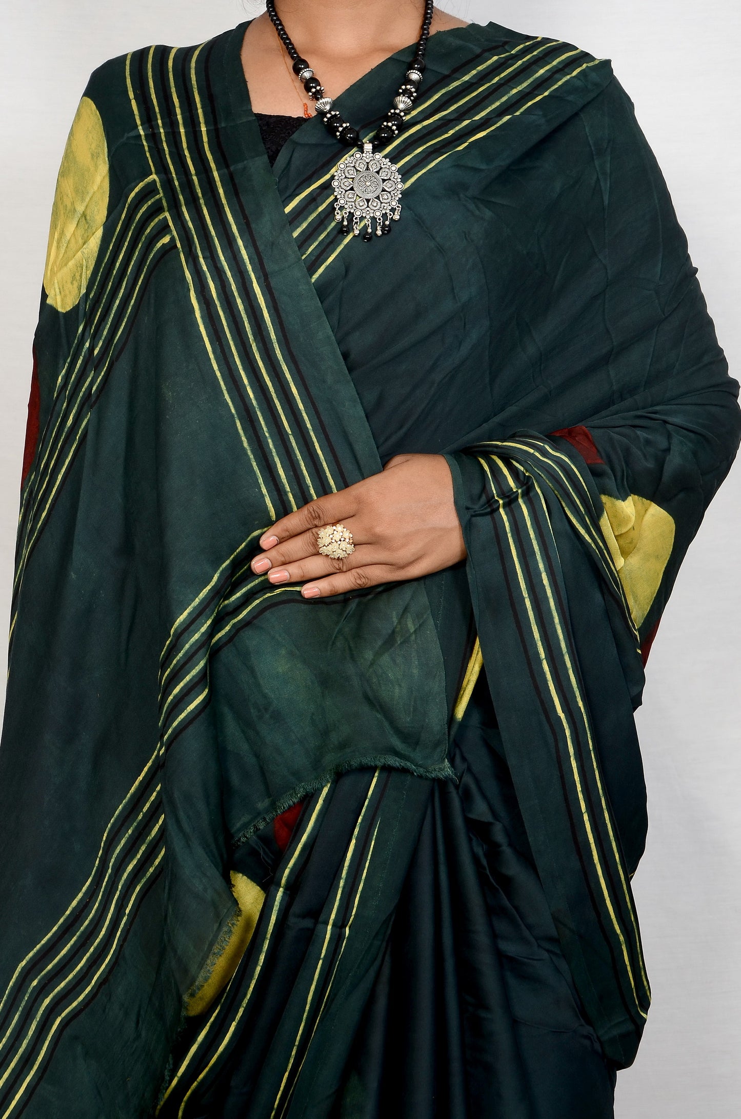 "Circle of Grace – Green Ajrakh Hand Block Print Saree in Modal Silk"