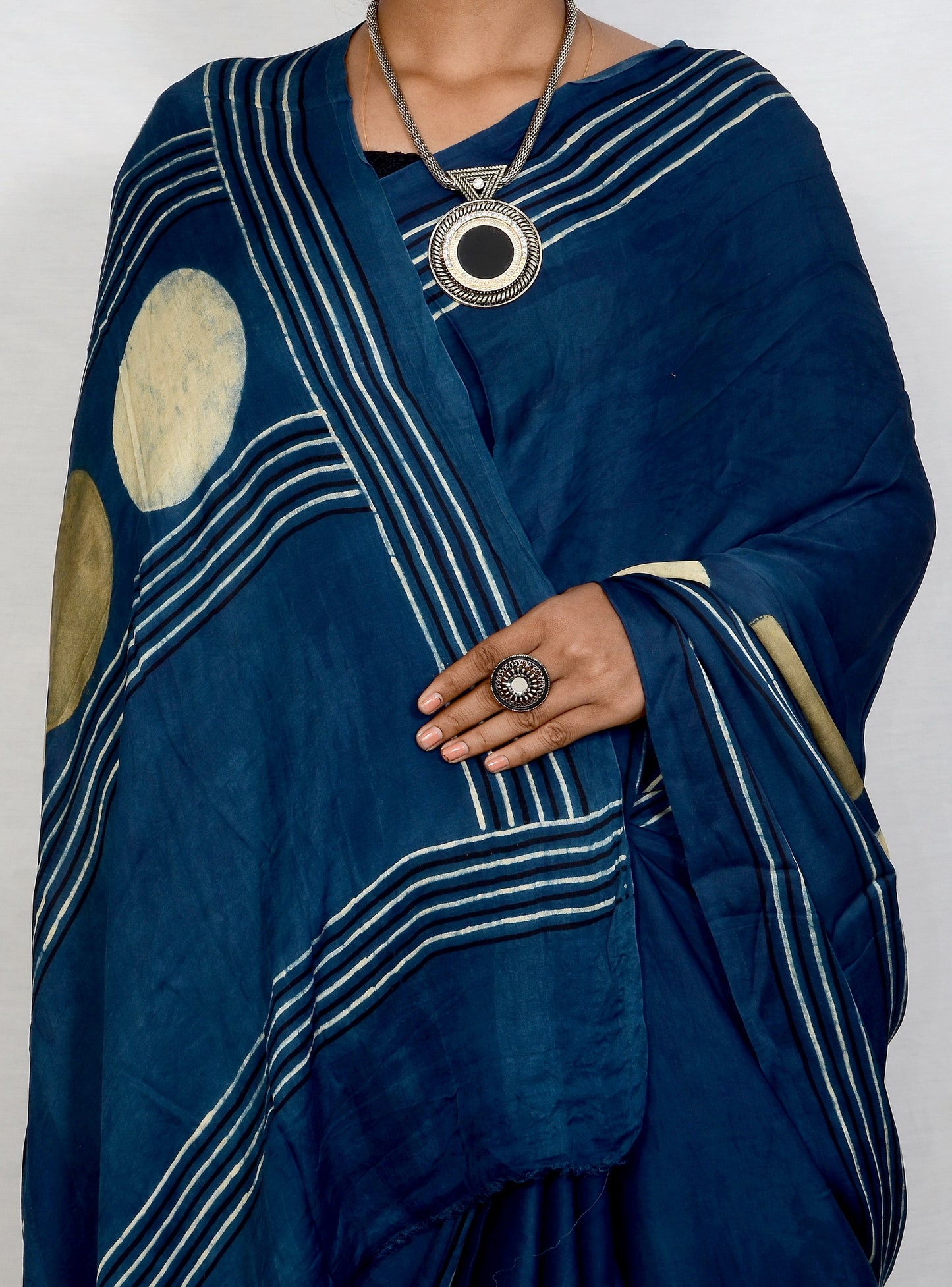 "Indigo Orbit – Blue Circle Motif Ajrakh Saree in Modal Silk"
