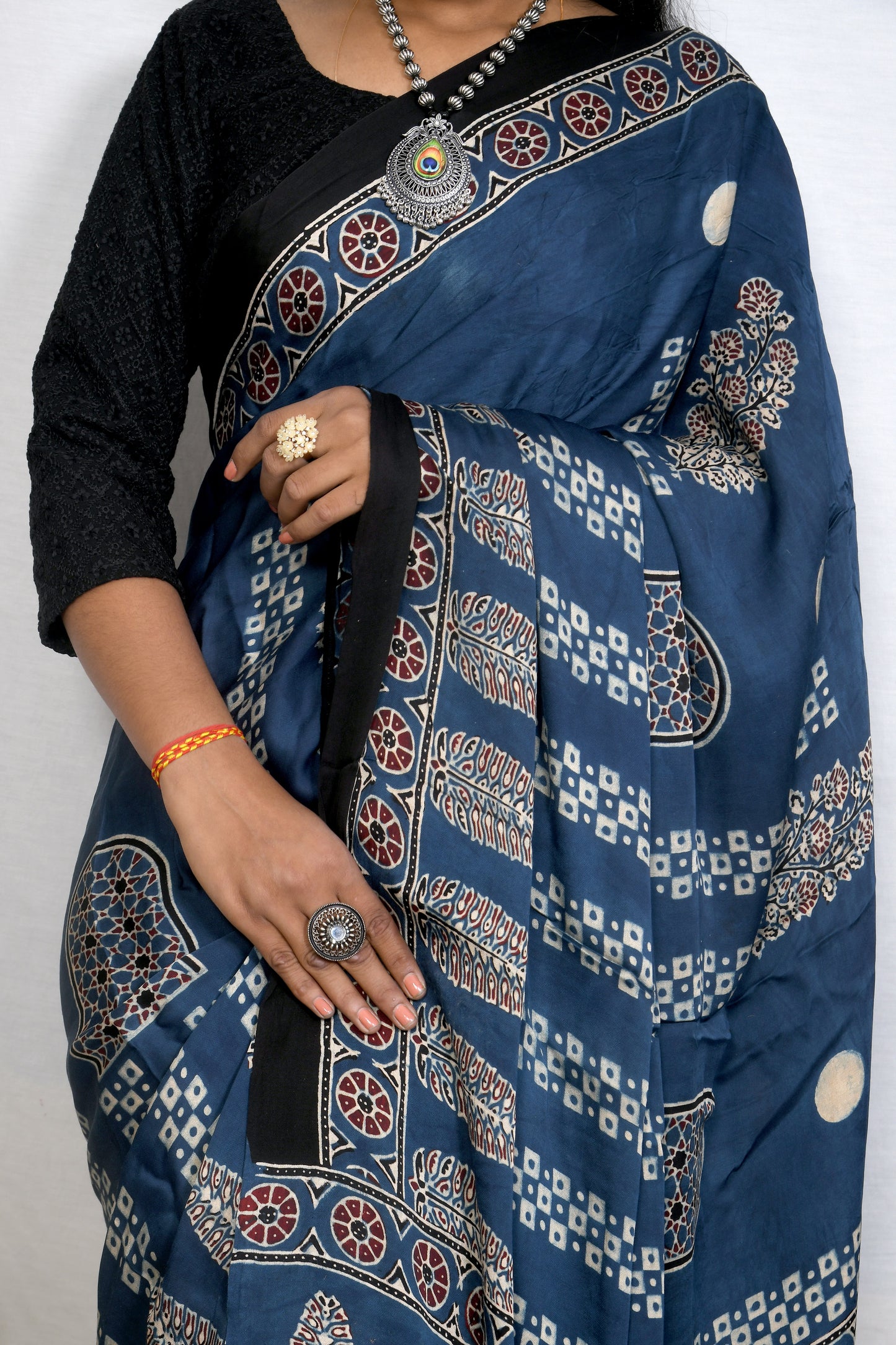 "River Blue – Indigo Ajrakh Saree with Traditional Motifs"