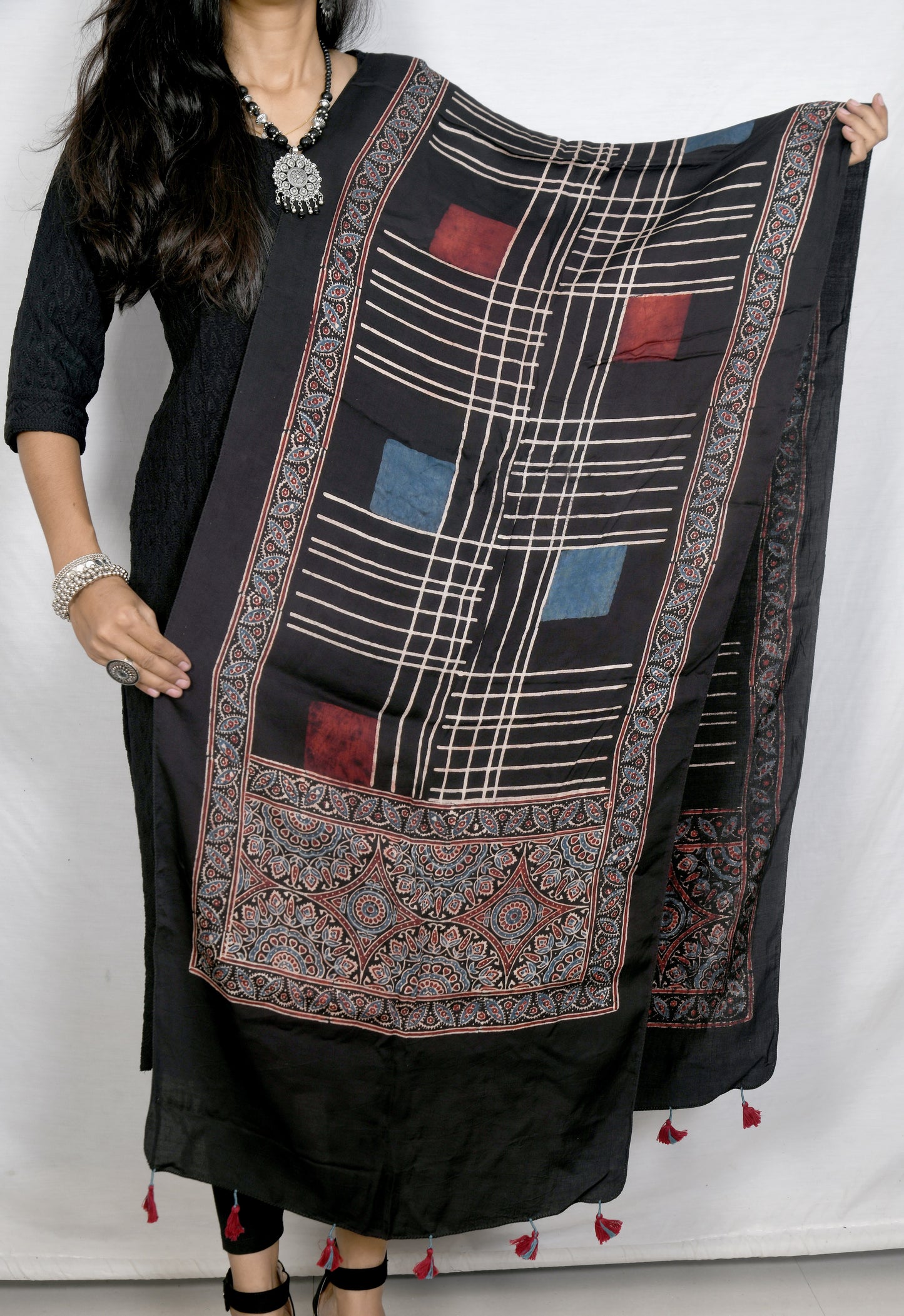 Black Ajrakh block print Stole
