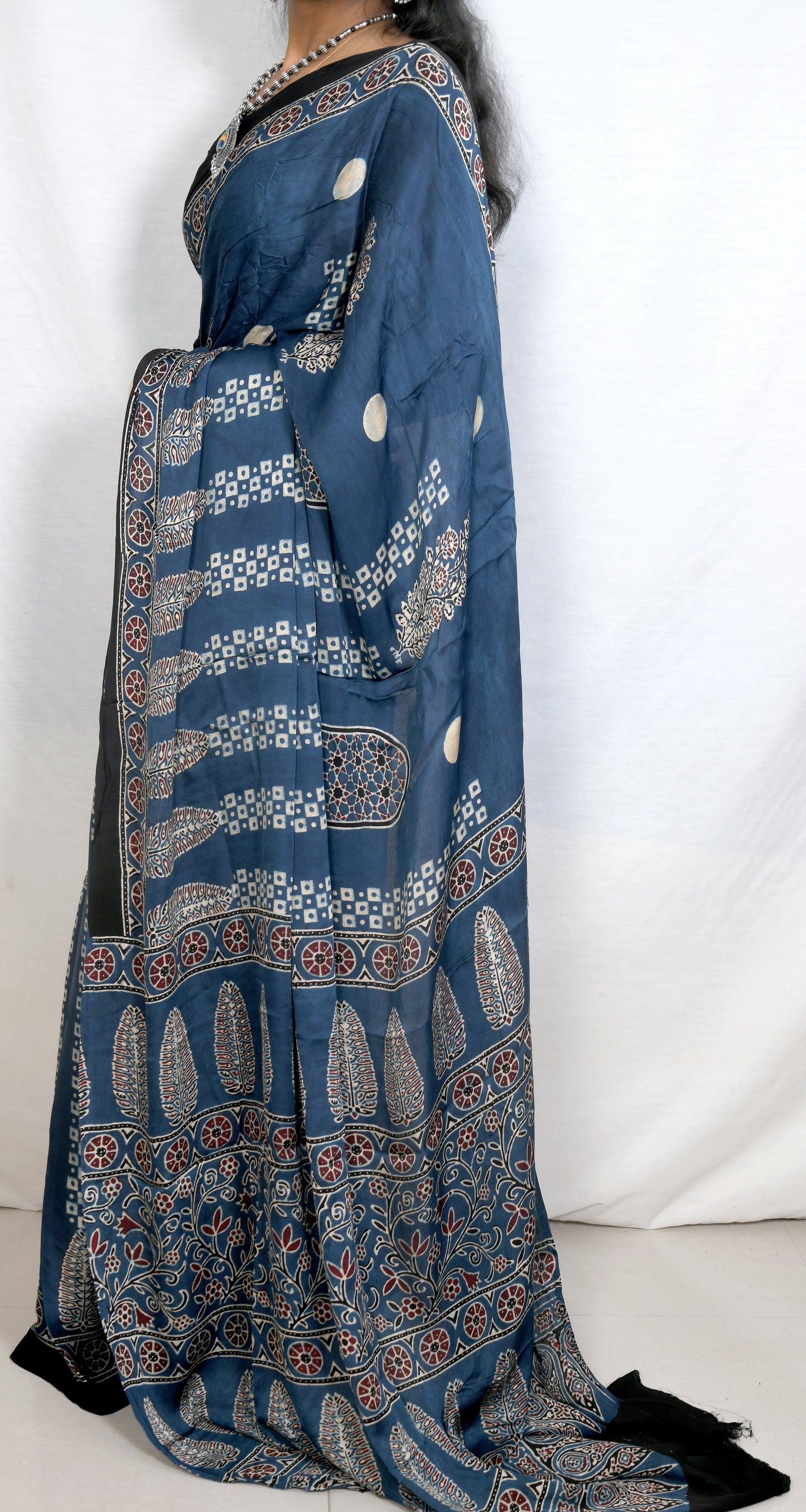 "River Blue – Indigo Ajrakh Saree with Traditional Motifs"