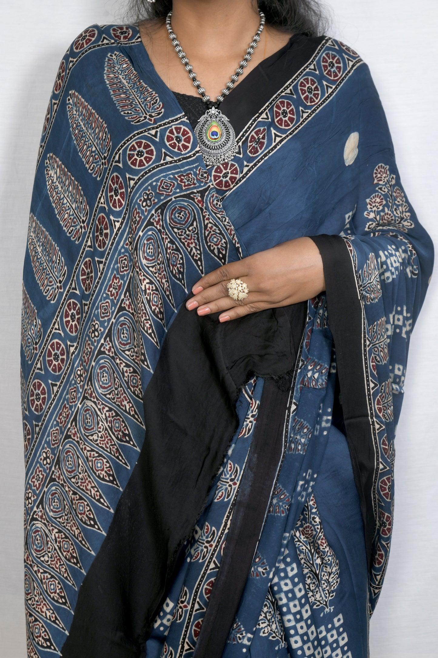 "River Blue – Indigo Ajrakh Saree with Traditional Motifs"