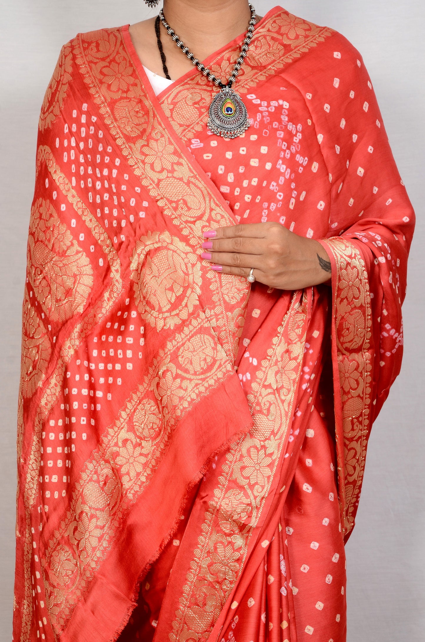 Pink Viscose Bandhani Saree with Japan Zari Work