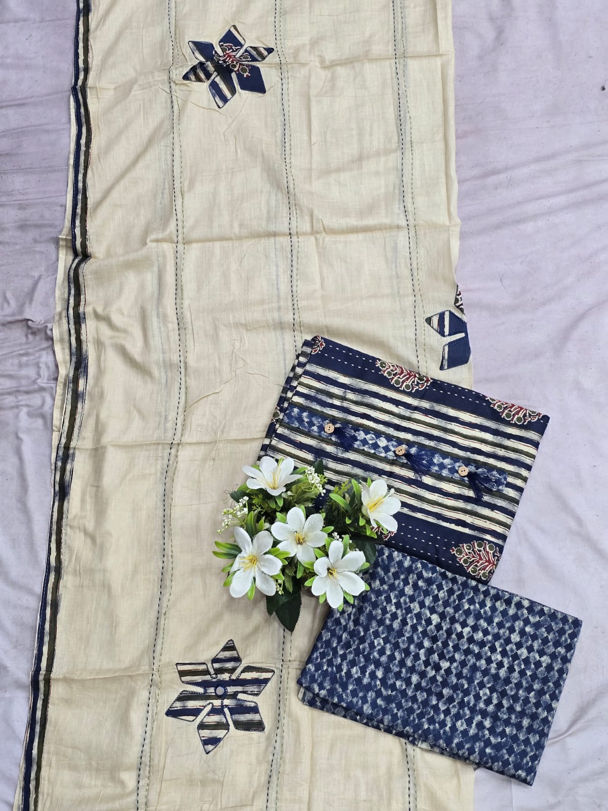 Premium cotton Ajarakh Block Print Blue kurta -dupatta Material