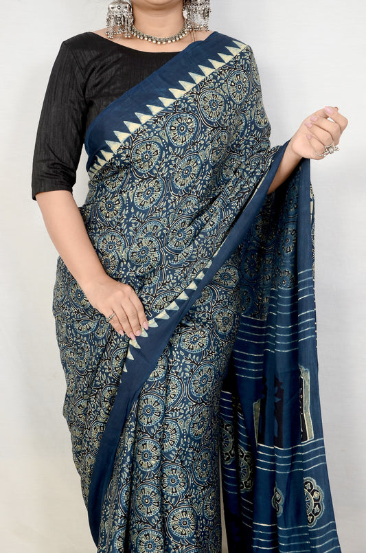 Sands of tradition indigo Ajarakh block print saree