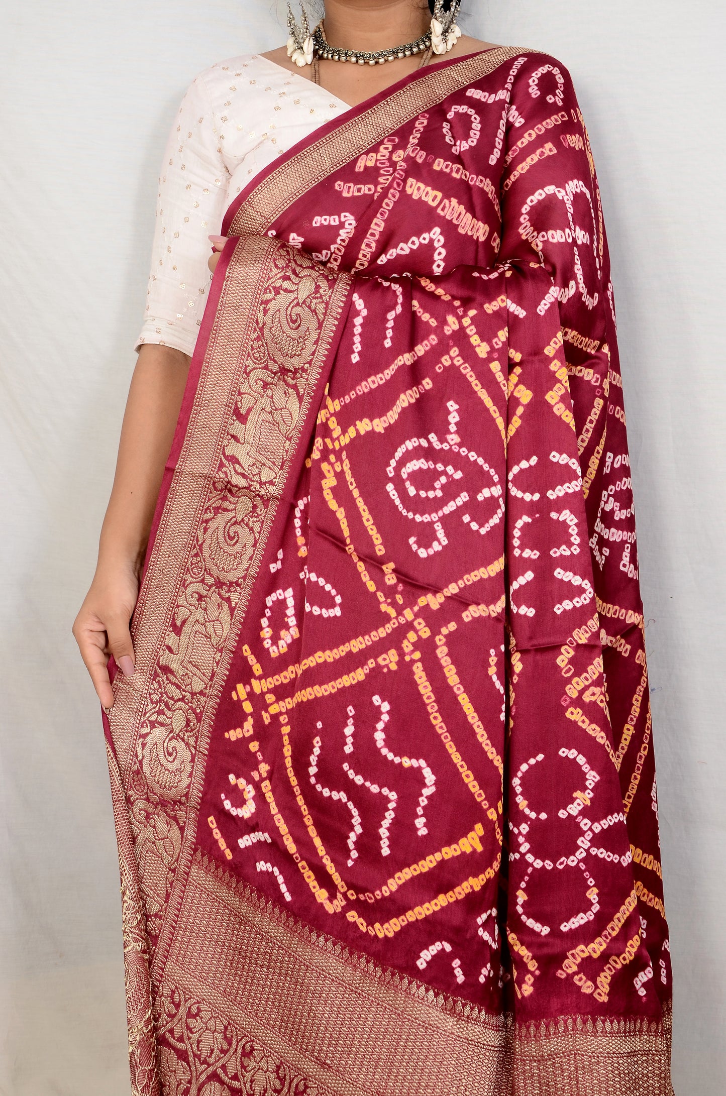 Enchanting Weaves Wine bandhani saree
