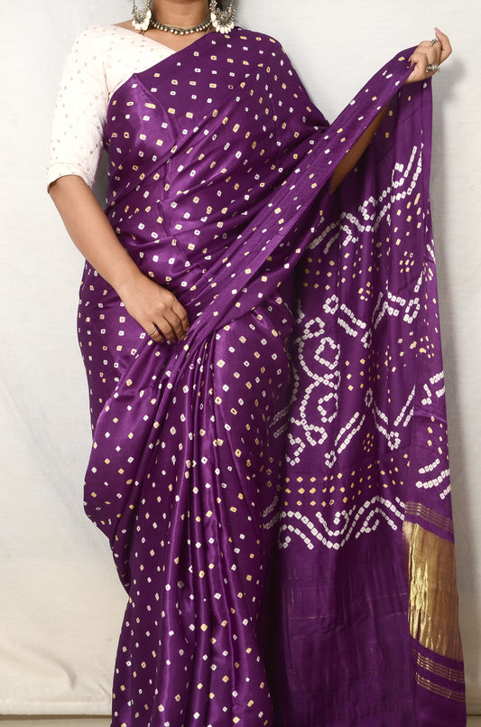Royal Plum – Purple Modal Silk Bandhani Saree with Japan Zari