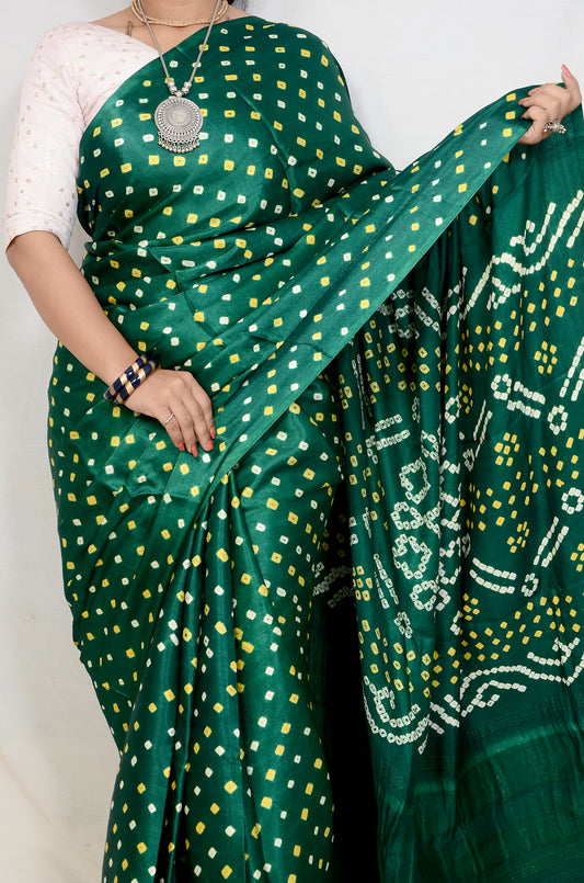Green Modal Silk Saree with Traditional Bandhani Work