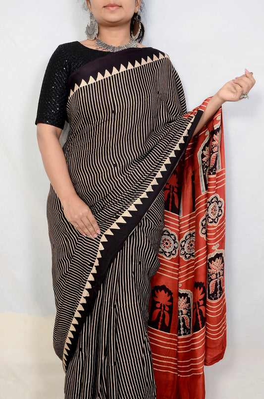 Nomadic beauty Marun and Black Ajarakh block print saree