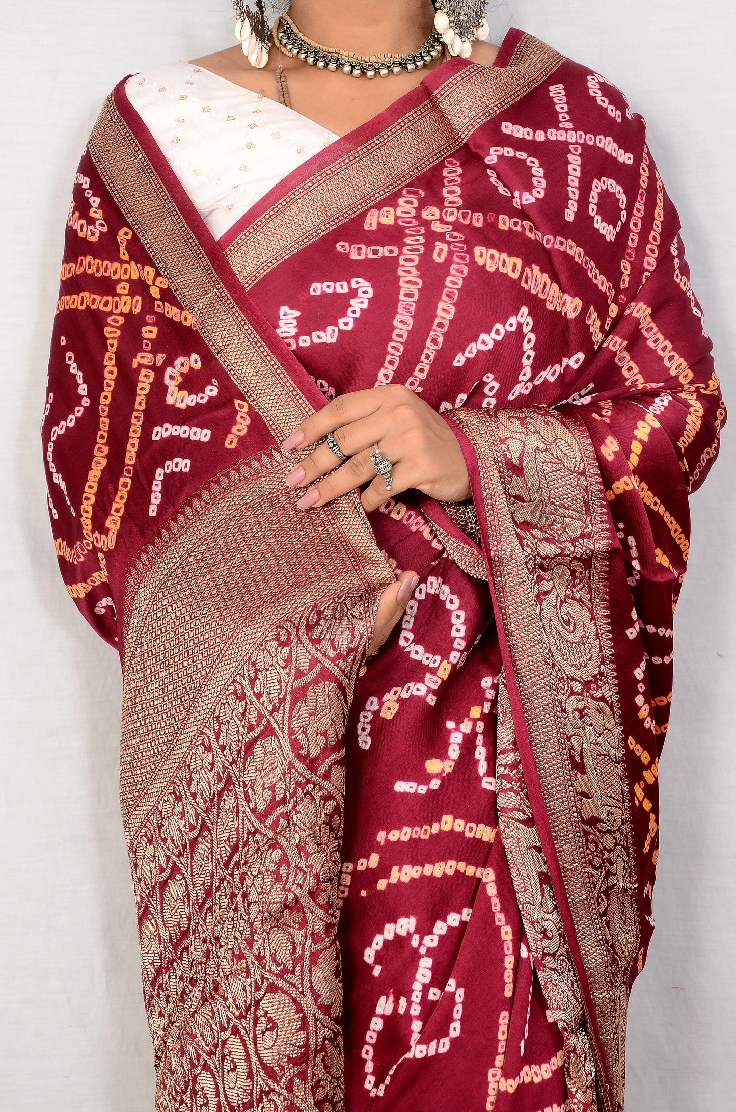 Enchanting Weaves Wine bandhani saree