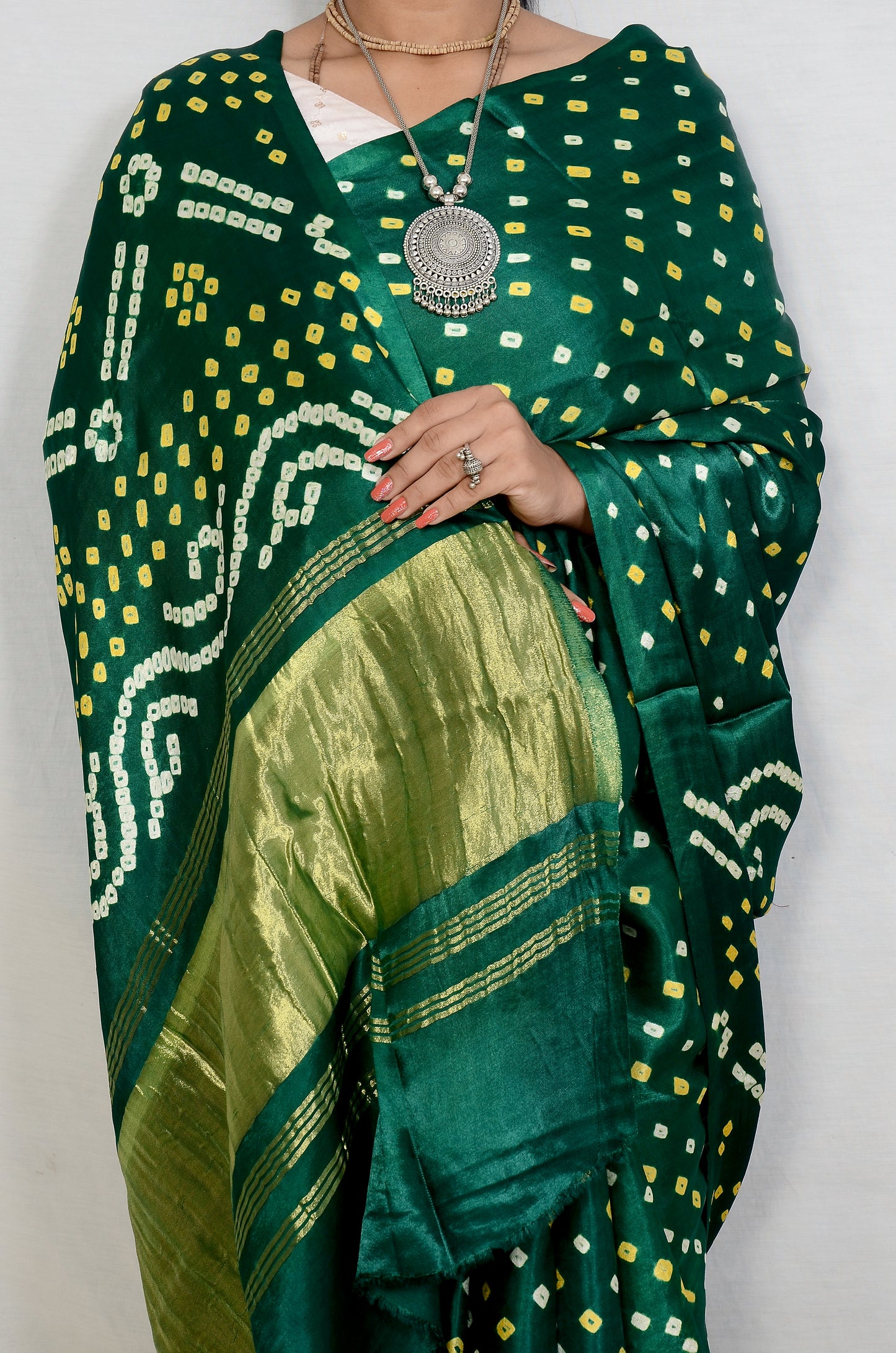 Green Modal Silk Saree with Traditional Bandhani Work
