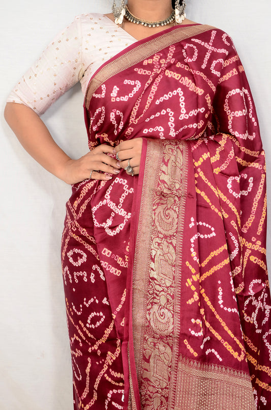 Enchanting Weaves Wine bandhani saree