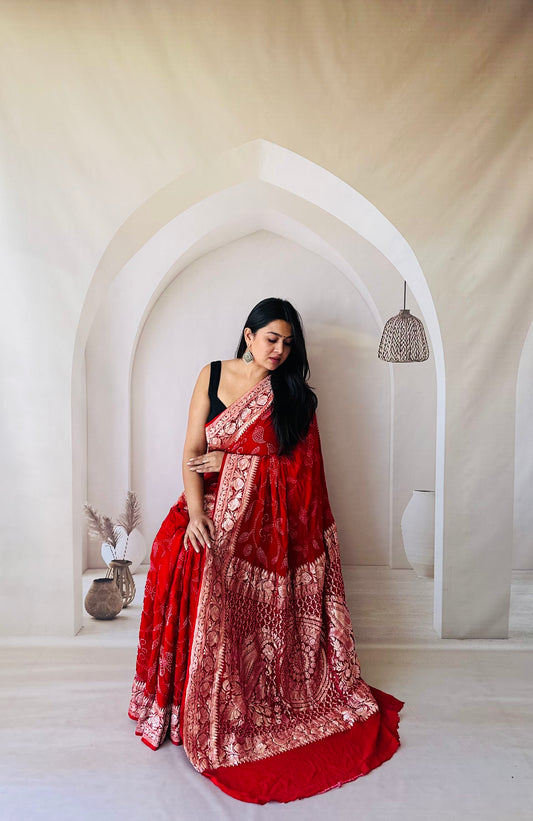 Blood Red Tested Zari Banarasi Bandhani Saree