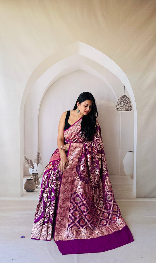 Purple Tested Zari Pure Banarasi Bandhani Saree