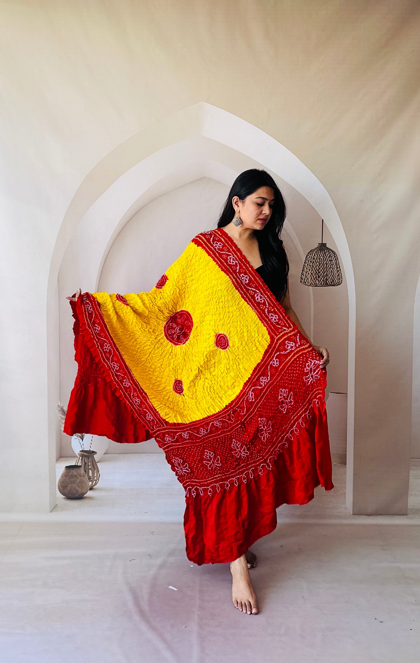 bright yellow and red rai bandhej dupatta