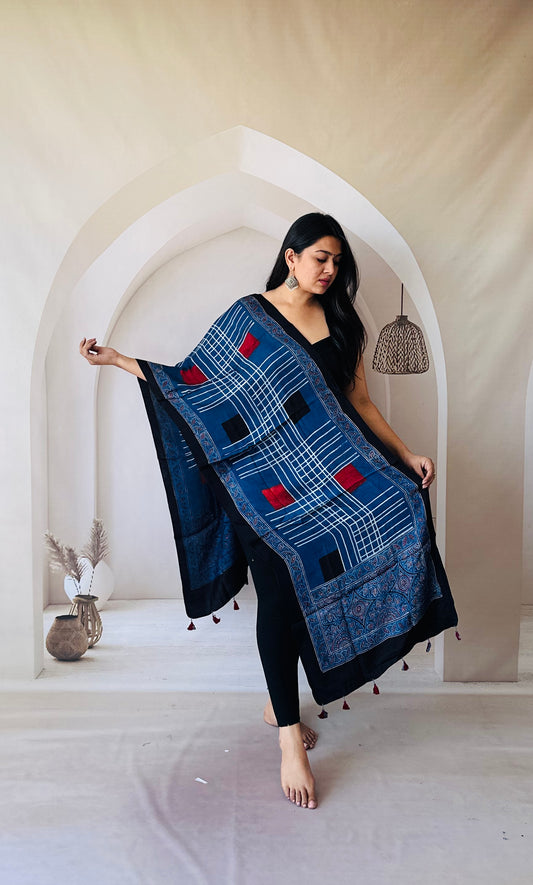 Dark Blue Ajrakh block print stole