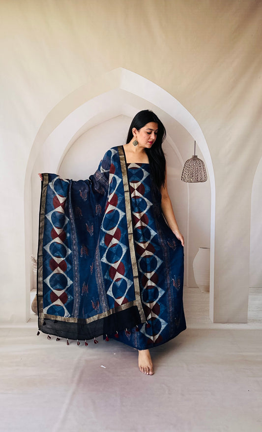 Premium Chanderi cotton Ajarakh Block Print Blue kurta -dupatta Material