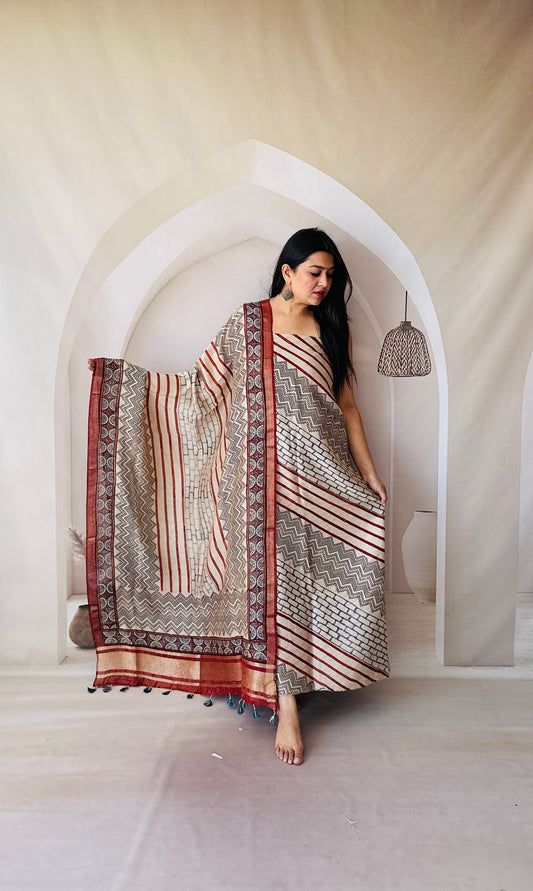 Premium Chanderi cotton Ajarakh Block Print Off white kurta -dupatta Material