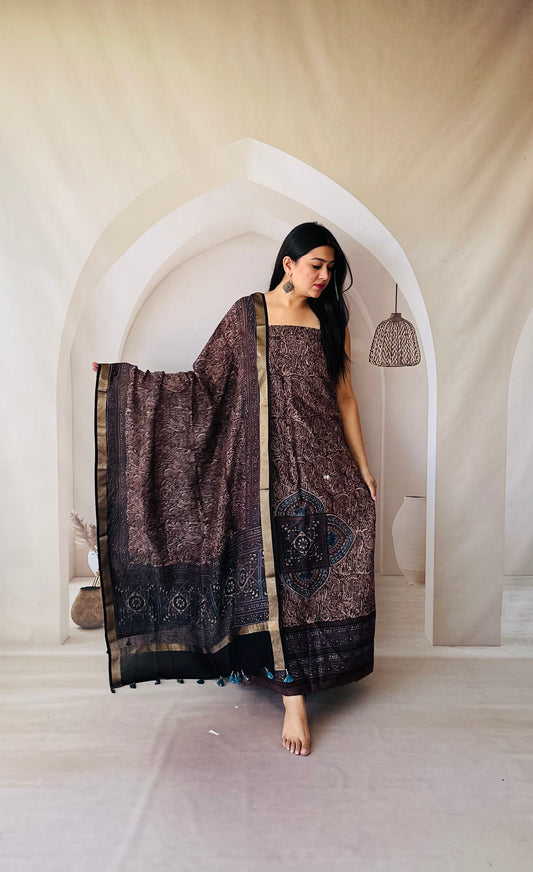 Premium Chanderi cotton Ajarakh Block Print Dark Brown kurta -dupatta Material