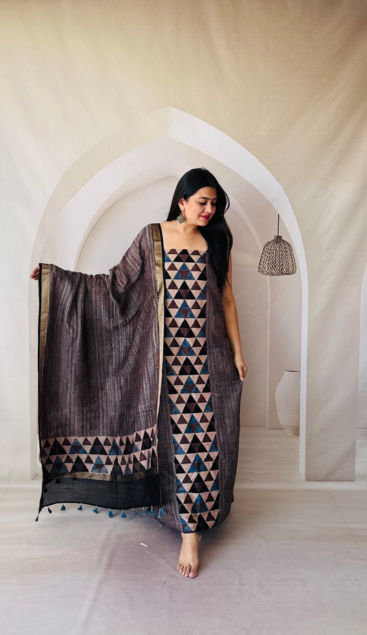 Premium Chanderi cotton Ajarakh Block Print Brown kurta -dupatta Material
