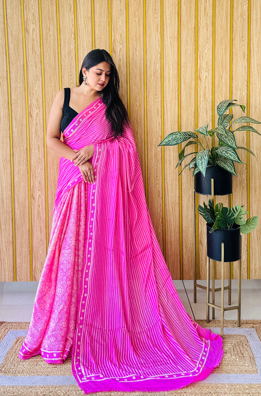 Harmony Hues hot pink block print saree