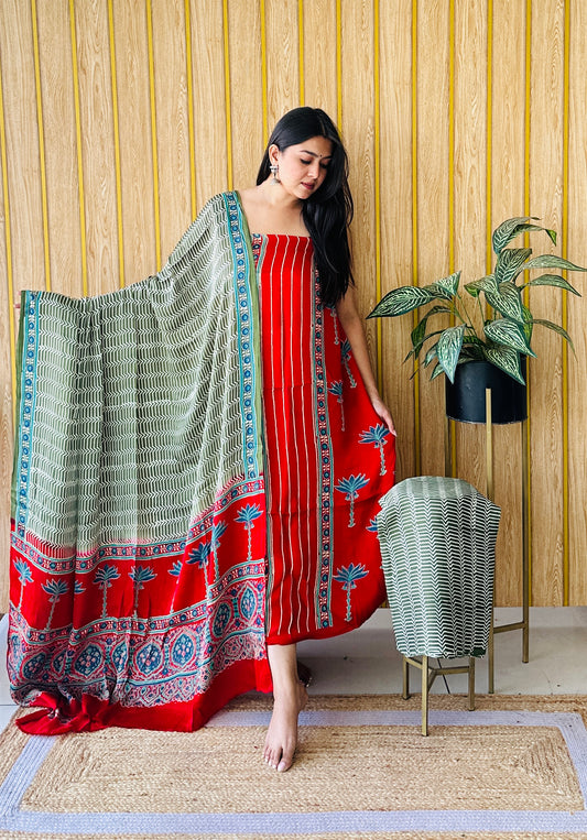 lotus glow red and green dress material