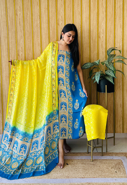artful touch bright yellow and sky blue dress material